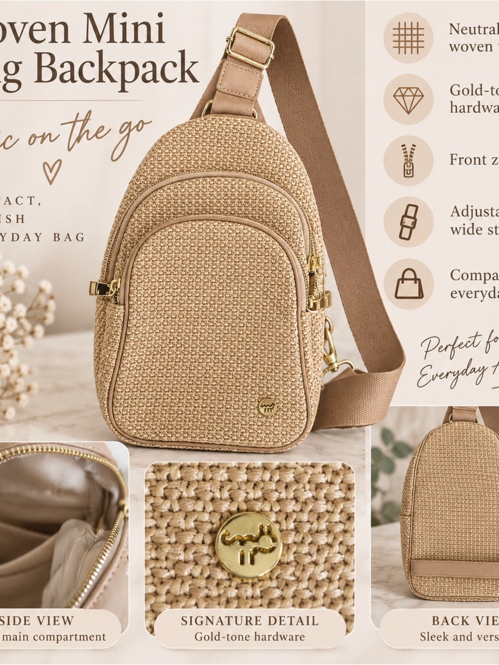 Woven Mini Sling Backpack - Beige